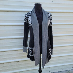 Yet Again Womens Black Gray Open Front Tight Knit Abstract Cardigan Sweater L